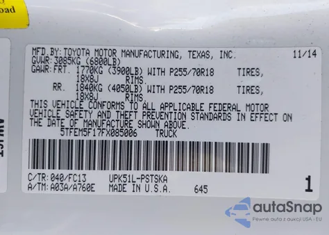 2015 Toyota Tundra Sr5 4.6L V8 z USA, uszkodzony, nr VIN 5TFEM5F17FX085006